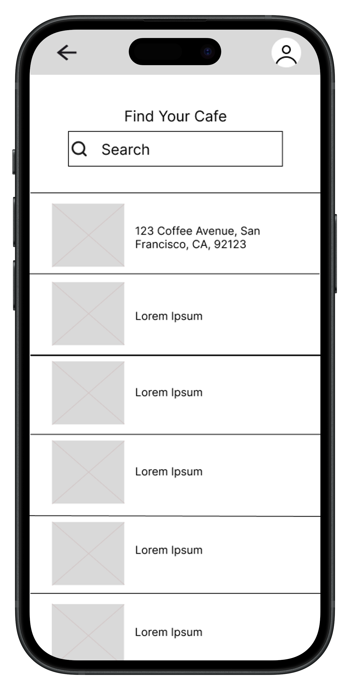 Mobile app screen titled 'Find Your Cafe' displaying a search bar and a list of cafes with images and addresses in San Francisco and San Diego.