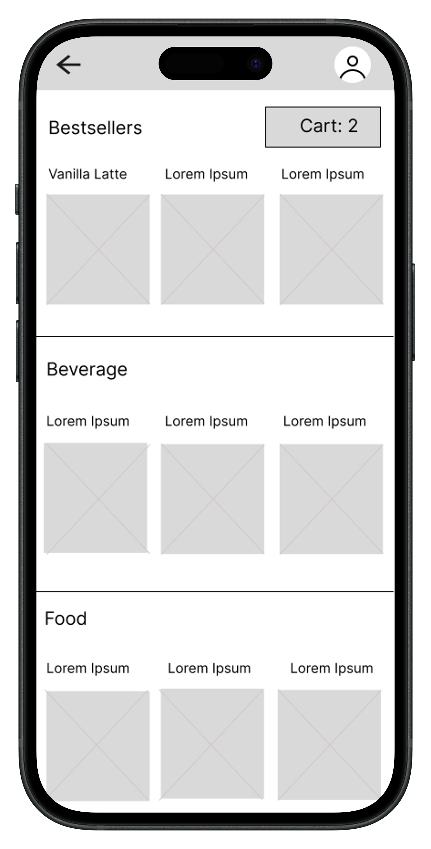Mobile app screen showing coffee shop menu with sections Bestsellers, Beverages, and Food featuring vanilla latte, cold brew, banana bread, americano, espresso, pour over coffee, avocado toast with eggs, bagels with cream cheese, and a croissant.
