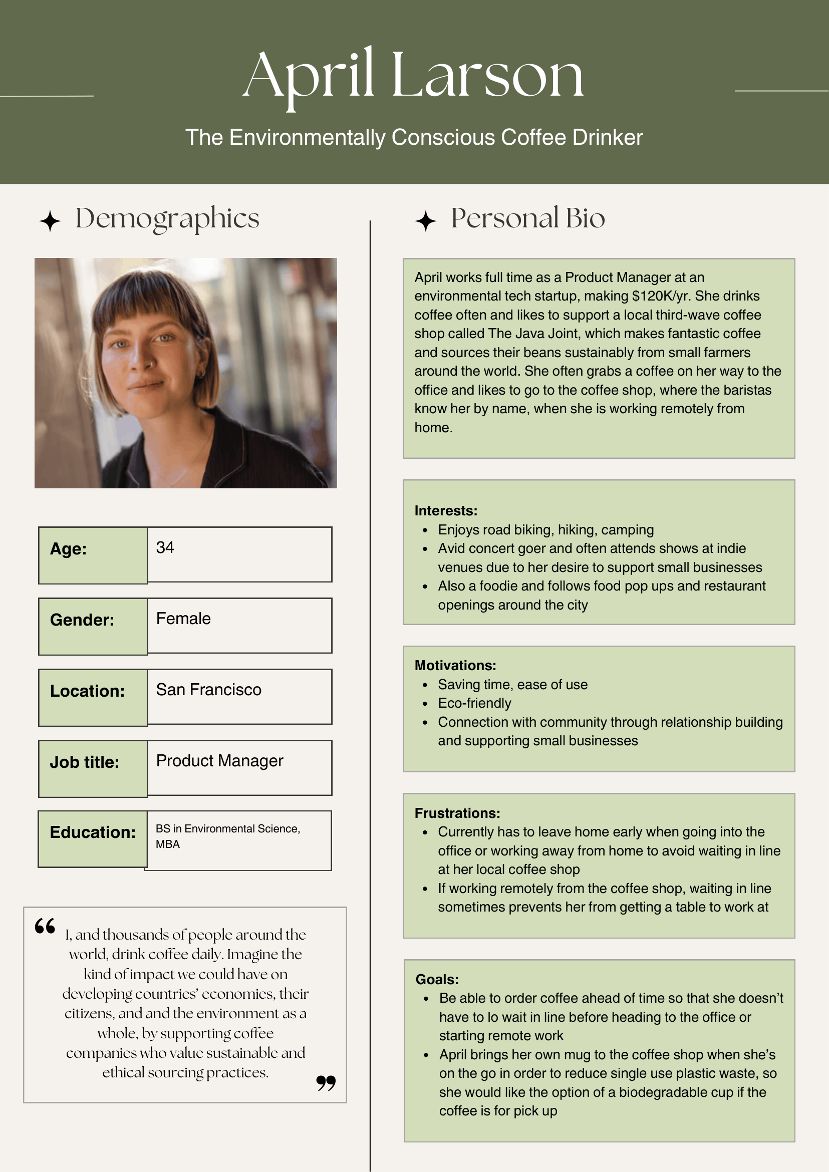 User persona for April Larson, an environmentally conscious coffee drinker, including demographics, personal bio, interests, motivations, frustrations, and goals with a portrait photo.