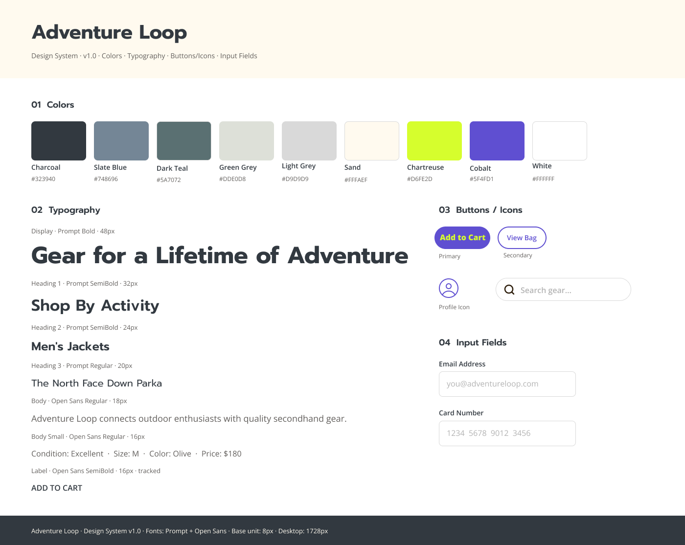 Adventure Loop design system overview showing color palette, typography styles, buttons/icons, and input fields for an outdoor gear website.