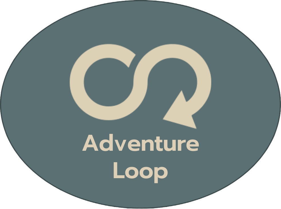 Adventure Loop logo with a beige infinity loop and arrow symbol above the text Adventure Loop on a muted teal oval background.
