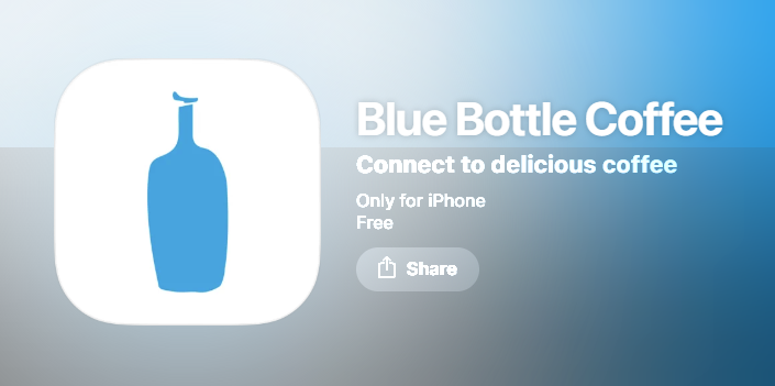Blue Bottle Coffee app icon showing a blue bottle silhouette and app description stating Connect to delicious coffee, only for iPhone, free.