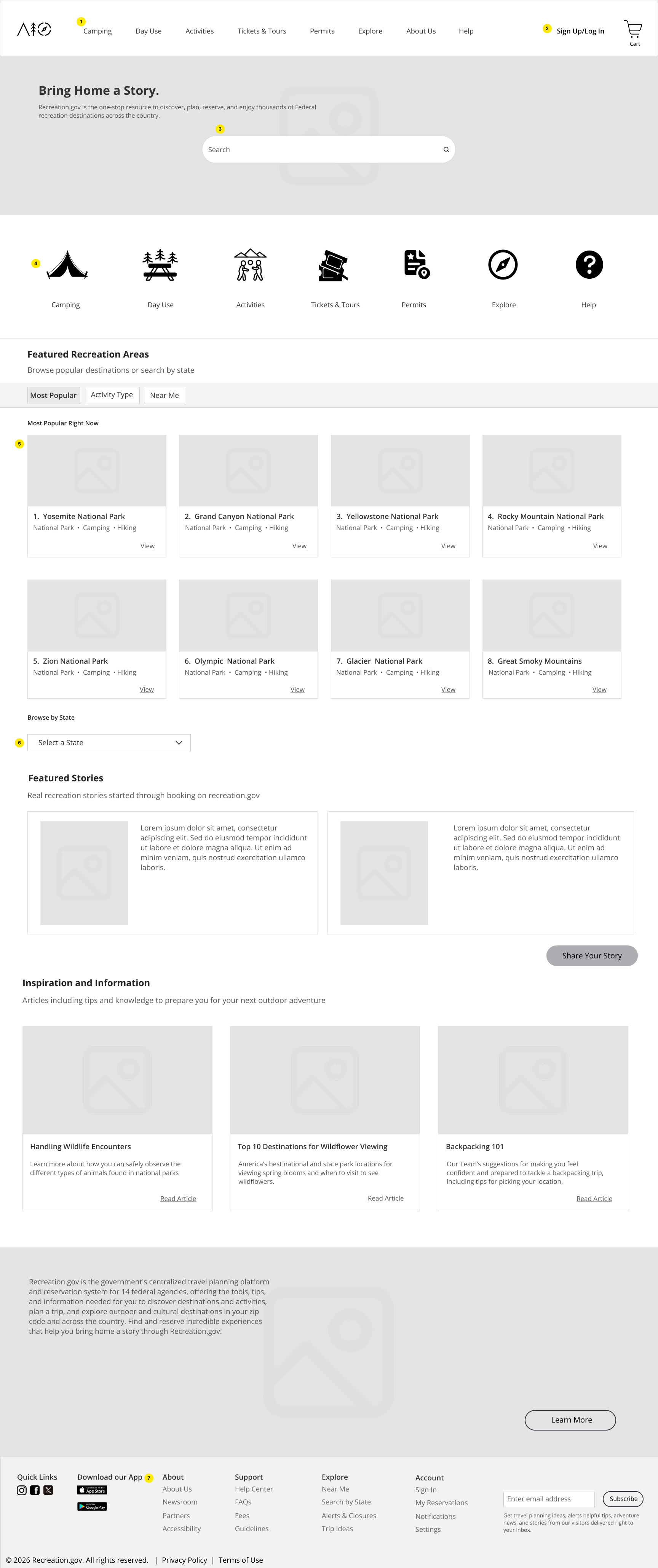 Website homepage layout with navigation, search bar, activity icons, featured parks, stories, articles, and footer links.
