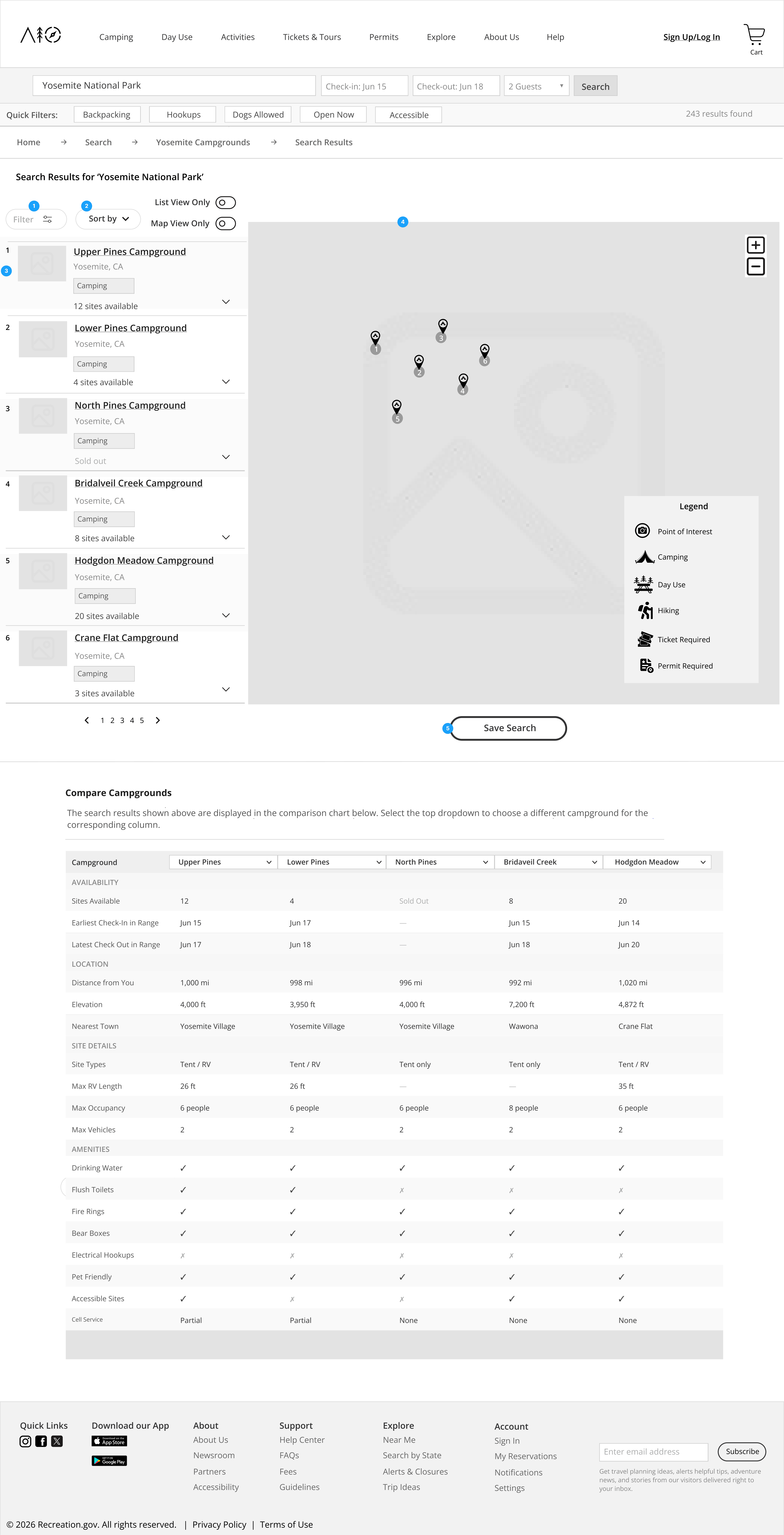 Yosemite National Park campground search results with list, map view, and comparison chart of campsite details.