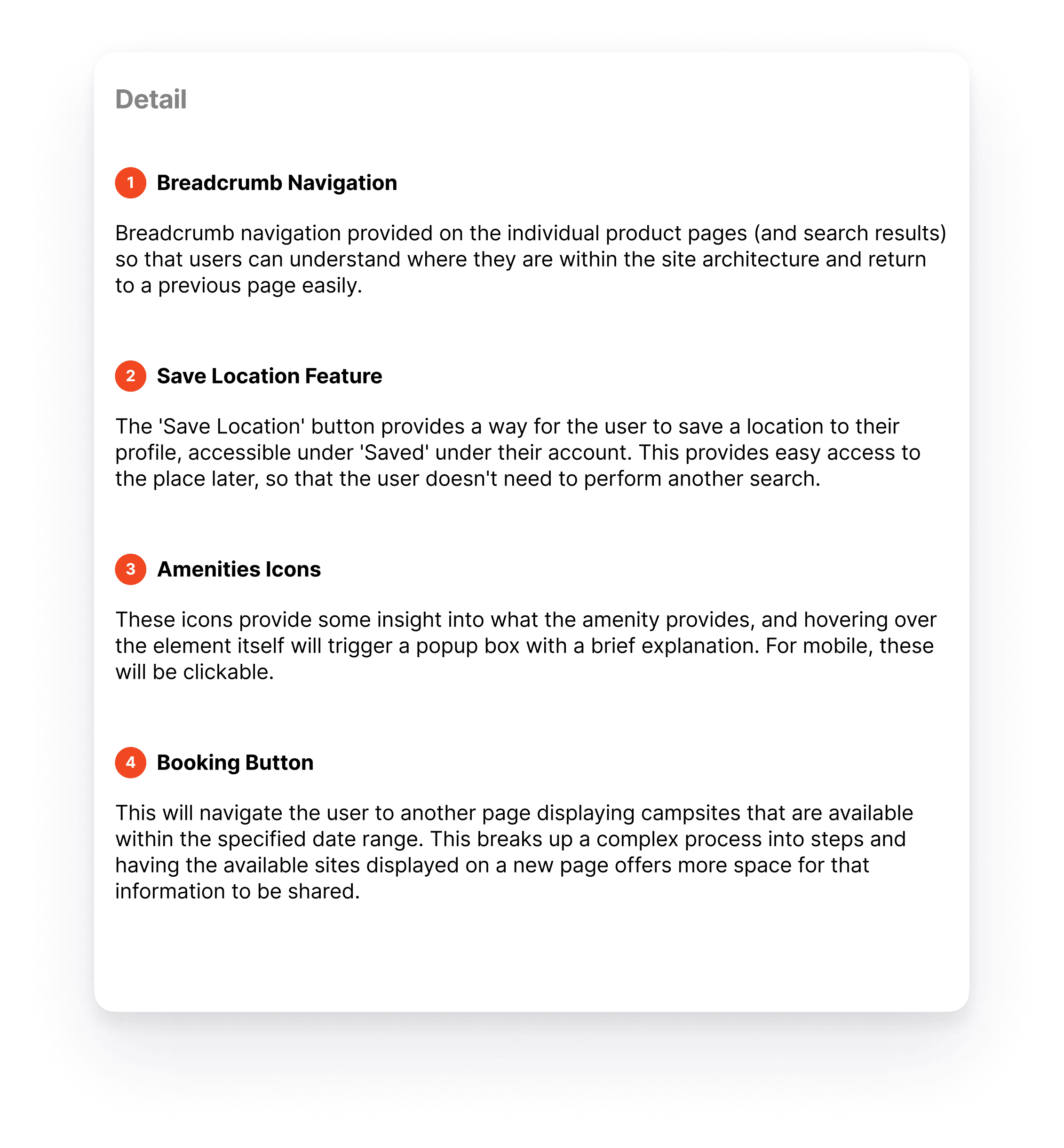 Text listing four web features: breadcrumb navigation, save location, amenity icons, and booking button.