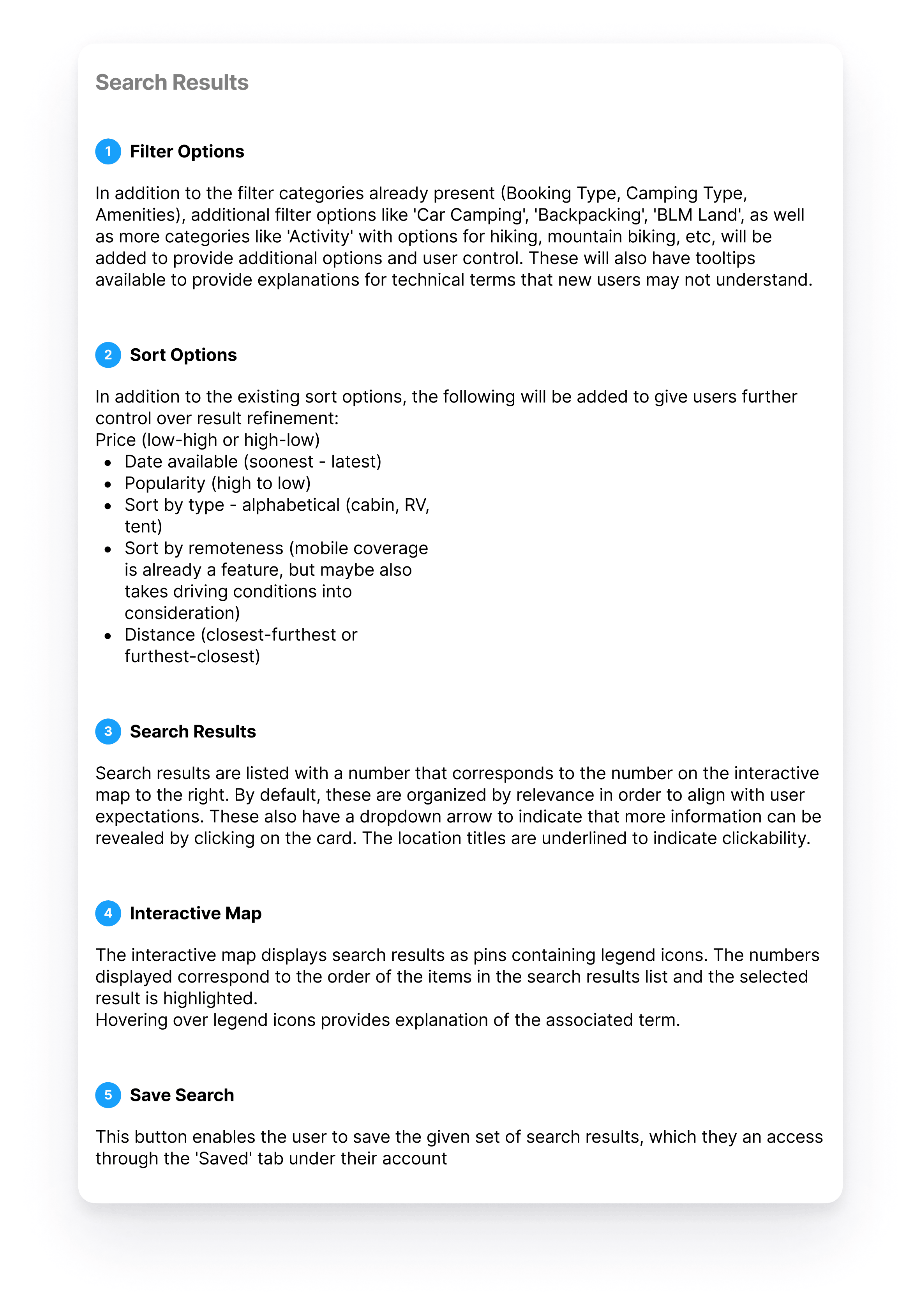 Text describing filter, sort, search results, interactive map, and save search features in a search interface.