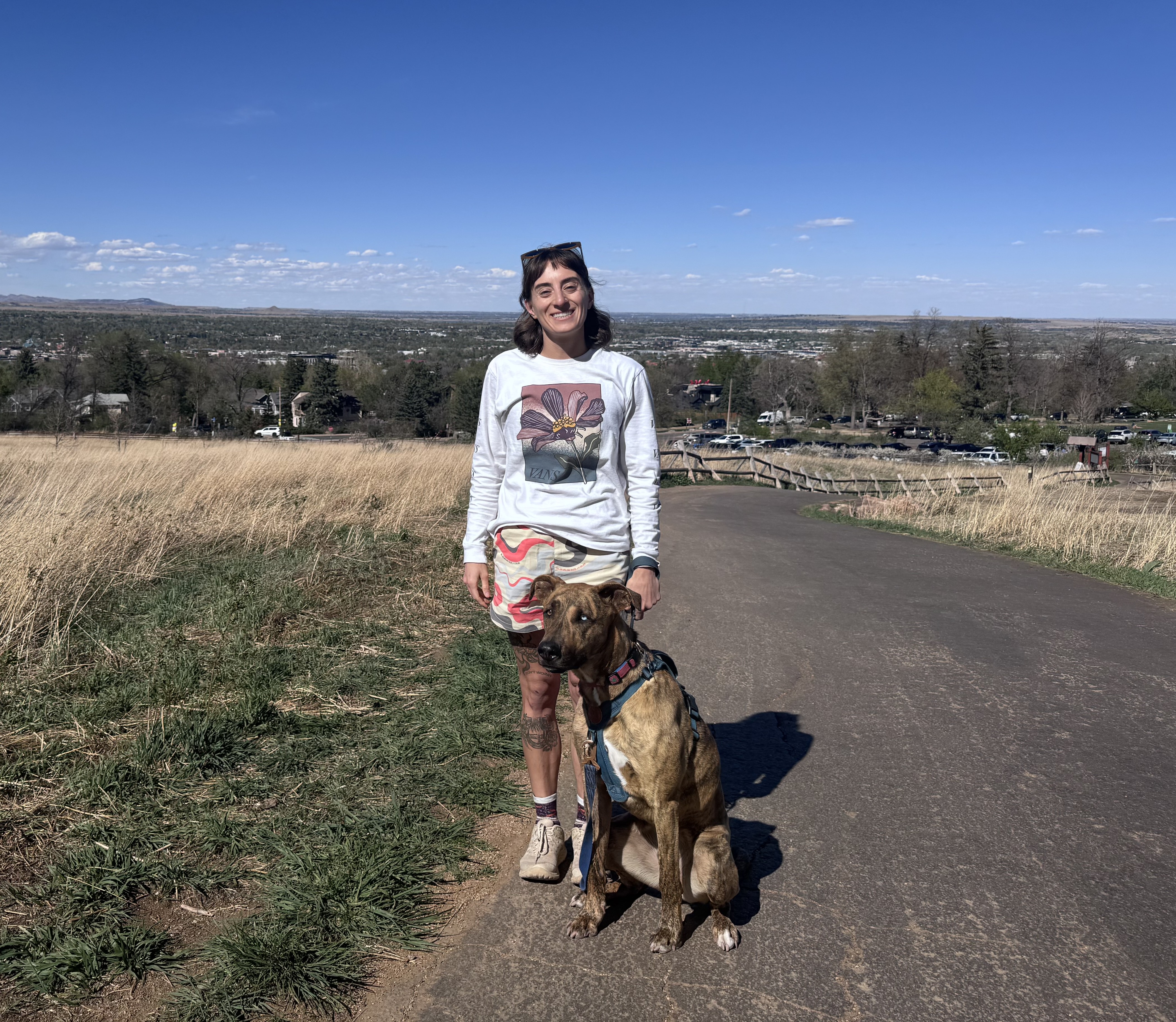 Smiling woman in green shirt sitting cross-legged on a large rock next to a brindle dog with one blue eye, with a scenic mountainous landscape in the background.