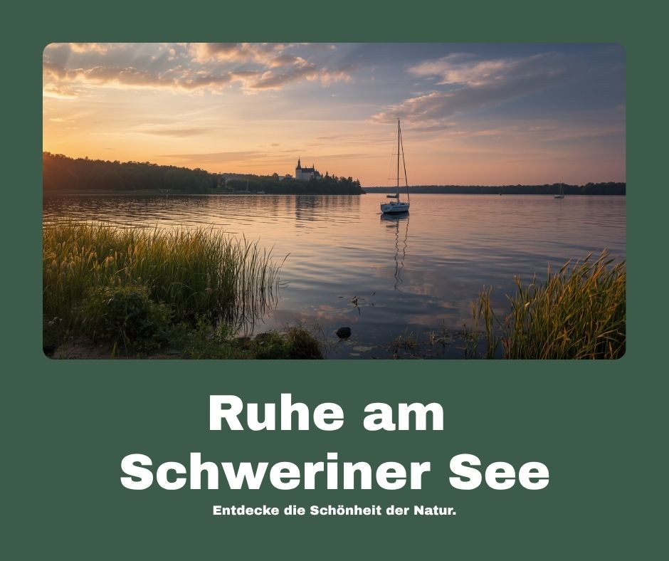 Segelboote und Ufer am Schweriner See bei Sonnenuntergang