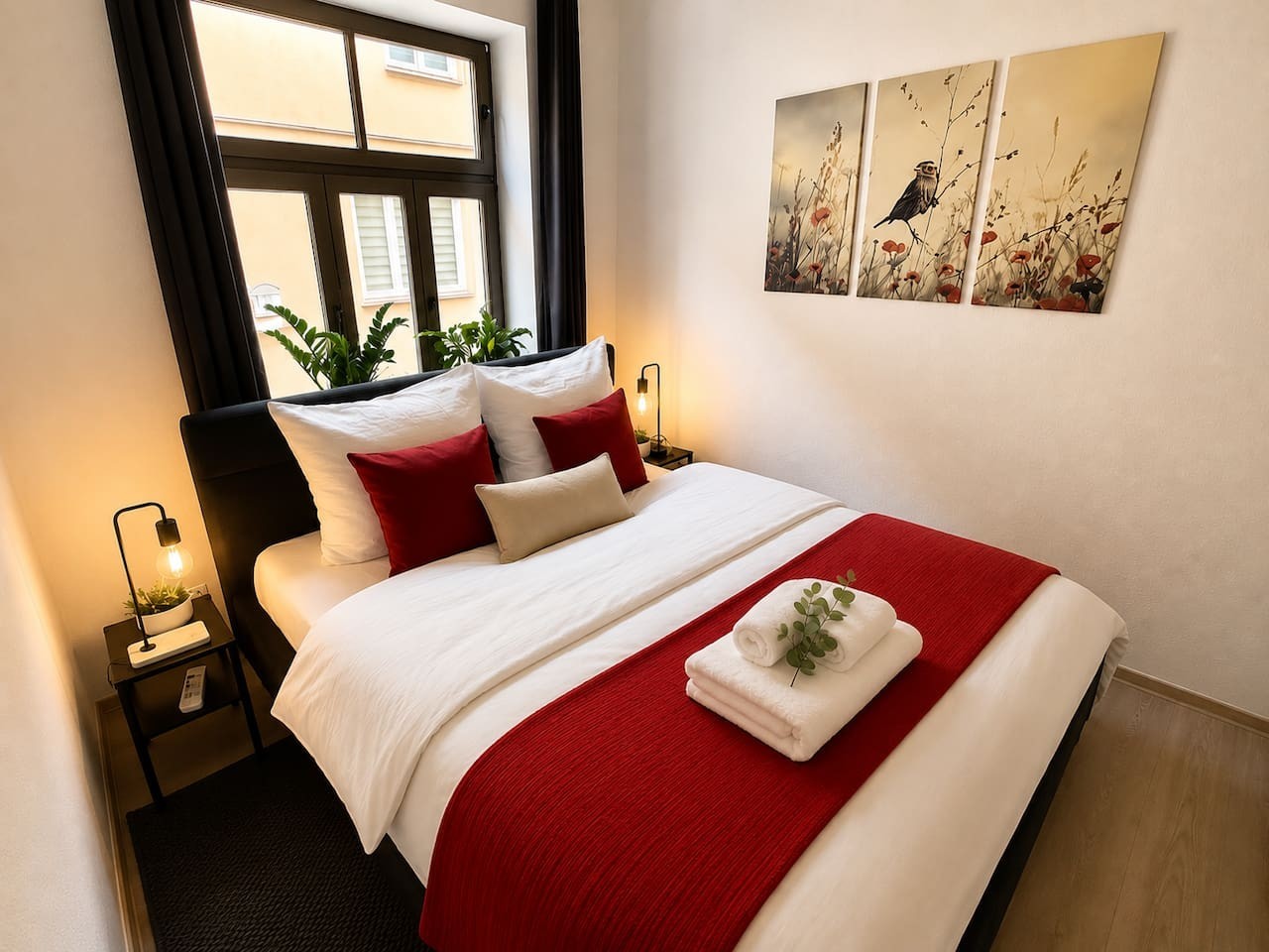 Helles Schlafzimmer mit Doppelbett, roten Akzenten und dreiteiligem Wandbild