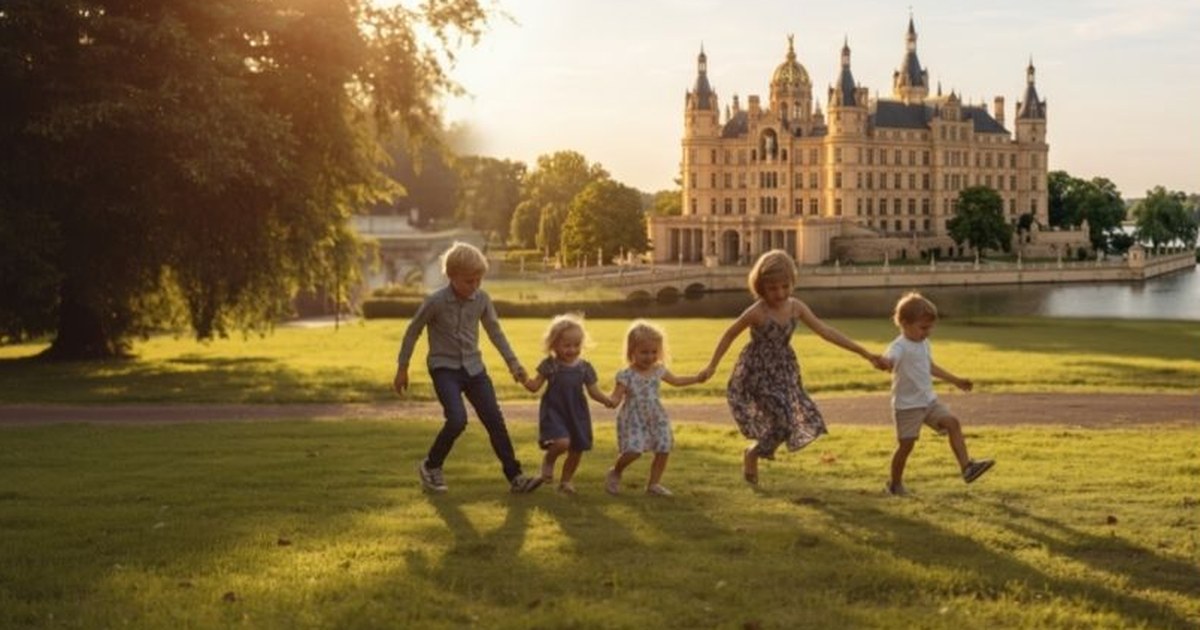Kinder laufen über eine Wiese im Schlossgarten vor dem Schweriner Schloss