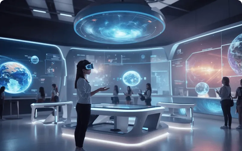 People in a futuristic control room with large digital screens and holographic displays, one woman wearing a VR headset interacting with a digital table.