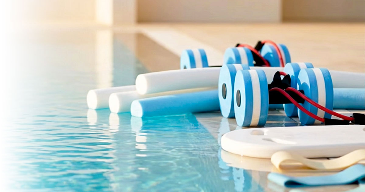 Pool exercise equipment including hand buoys, noodles, and paddles placed by the poolside