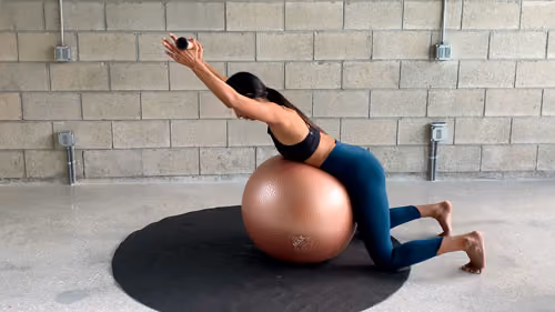 Prone shoulder extension on Swiss ball to strengthen upper back