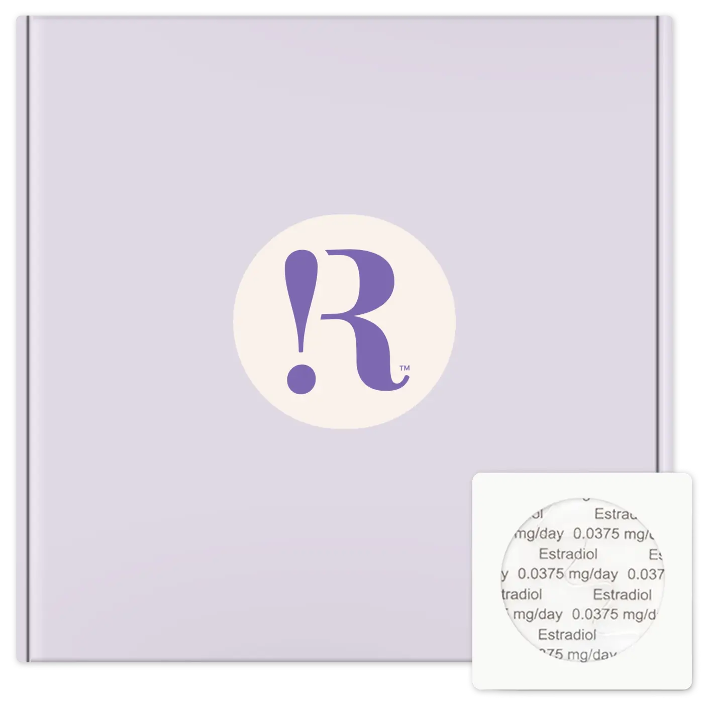 Purple and light beige product box with an exclamation mark and letter R logo in the center, inset shows repeated text 'Estradiol 0.0375 mg/day'.