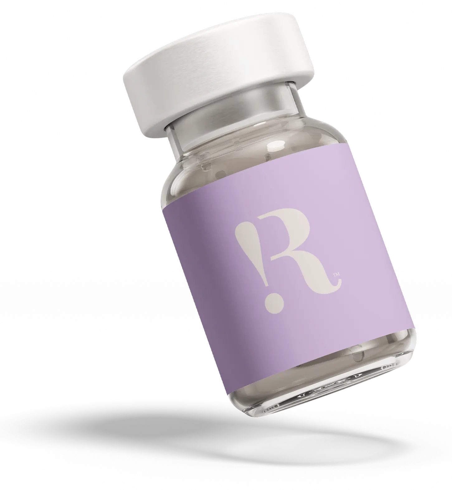 Clear glass vial with a white cap and a lavender label featuring a stylized exclamation mark and letter R logo.