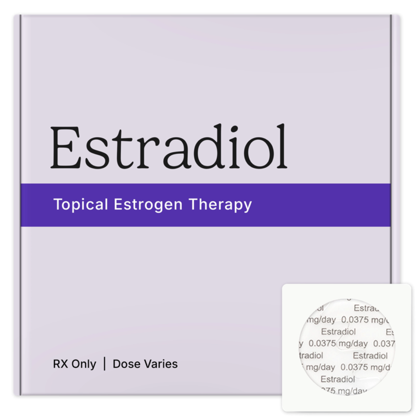 Purple and light beige product box with an exclamation mark and letter R logo in the center, inset shows repeated text 'Estradiol 0.0375 mg/day'.