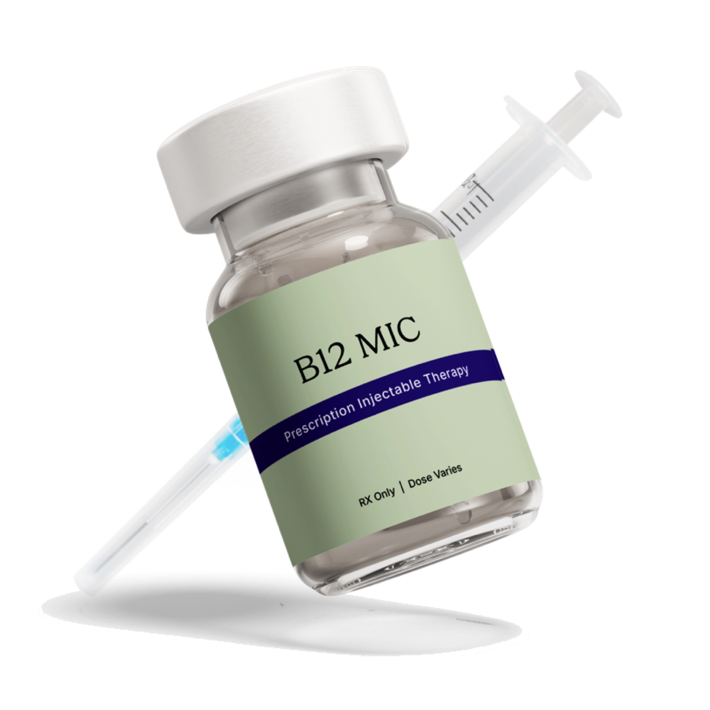 Clear pill bottle with a purple label featuring a stylized exclamation mark and letter R logo.