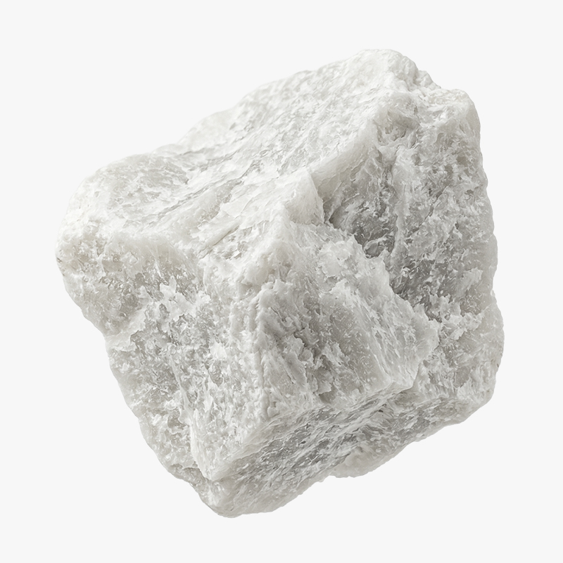 Close-up of a rough, white talc mineral rock with a crystalline texture on a white background.