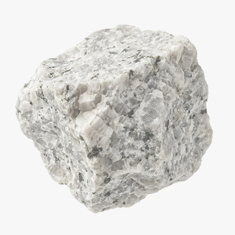 Close-up of a rough, gray and white speckled nepheline syenite rock against a white background.