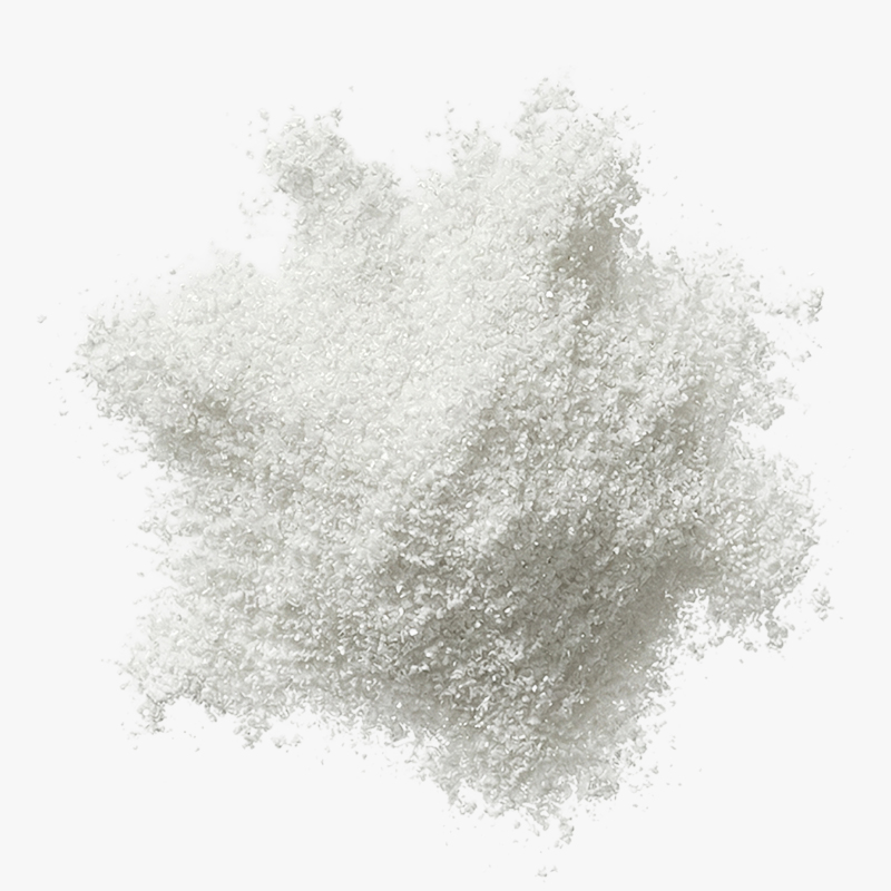Close-up of a white granular powder heap on a white background.