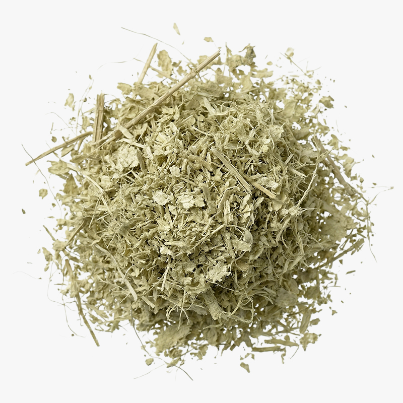 Close-up of a pile of dry, shredded plant material and straw on a white background.