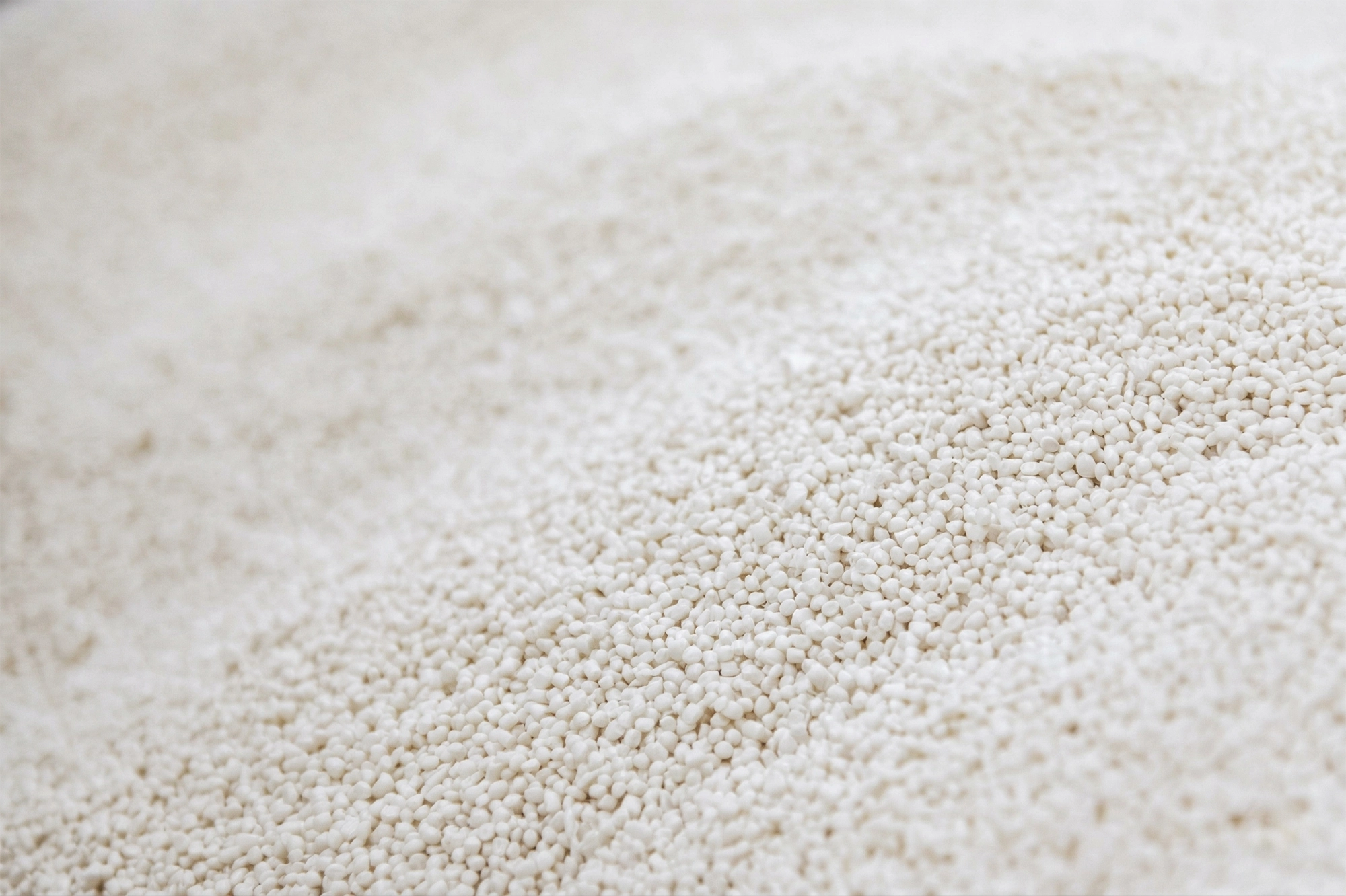 Close-up of a large pile of small, white cylindrical pellets.