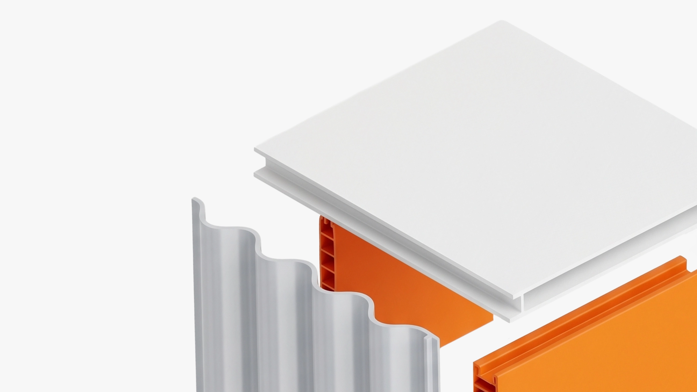 White textured panel above orange hollow extrusion parts and a white wavy sheet panel beside them.