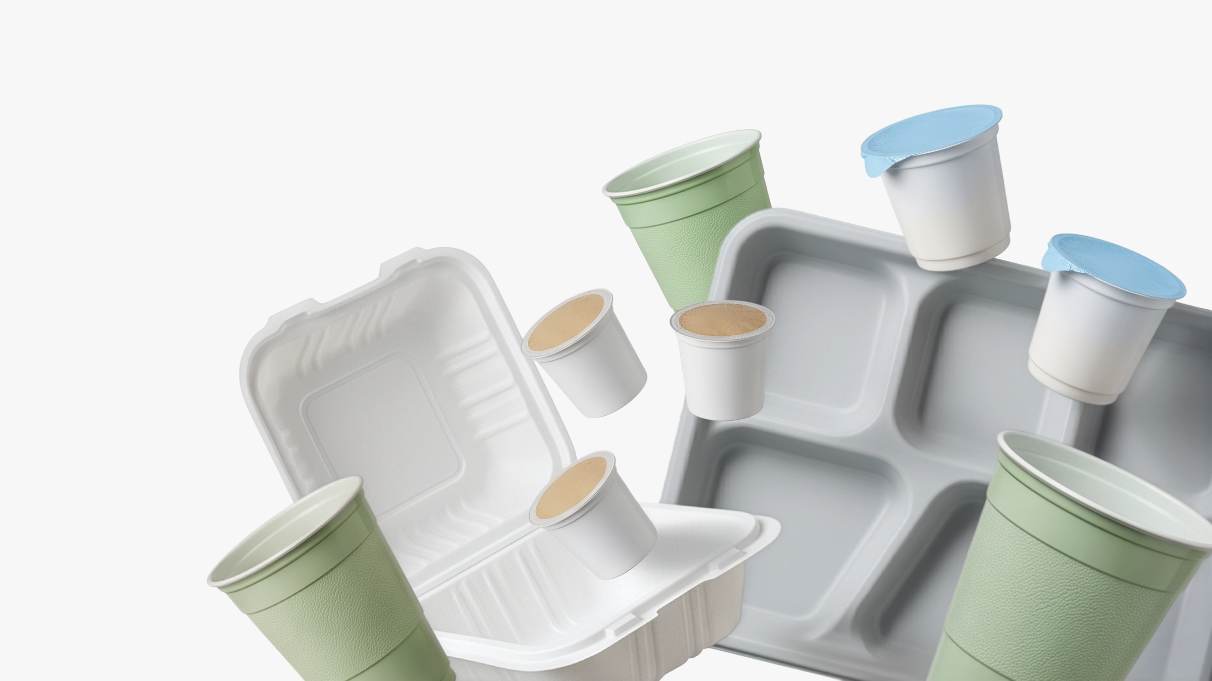 Green cups, white cups with lids, white clamshell container, and four-compartment tray.