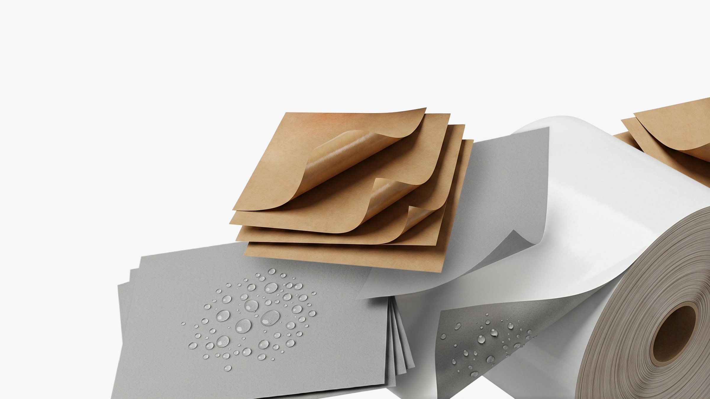 Stack of layered papers and a roll of waterproof industrial coating material with water droplets.