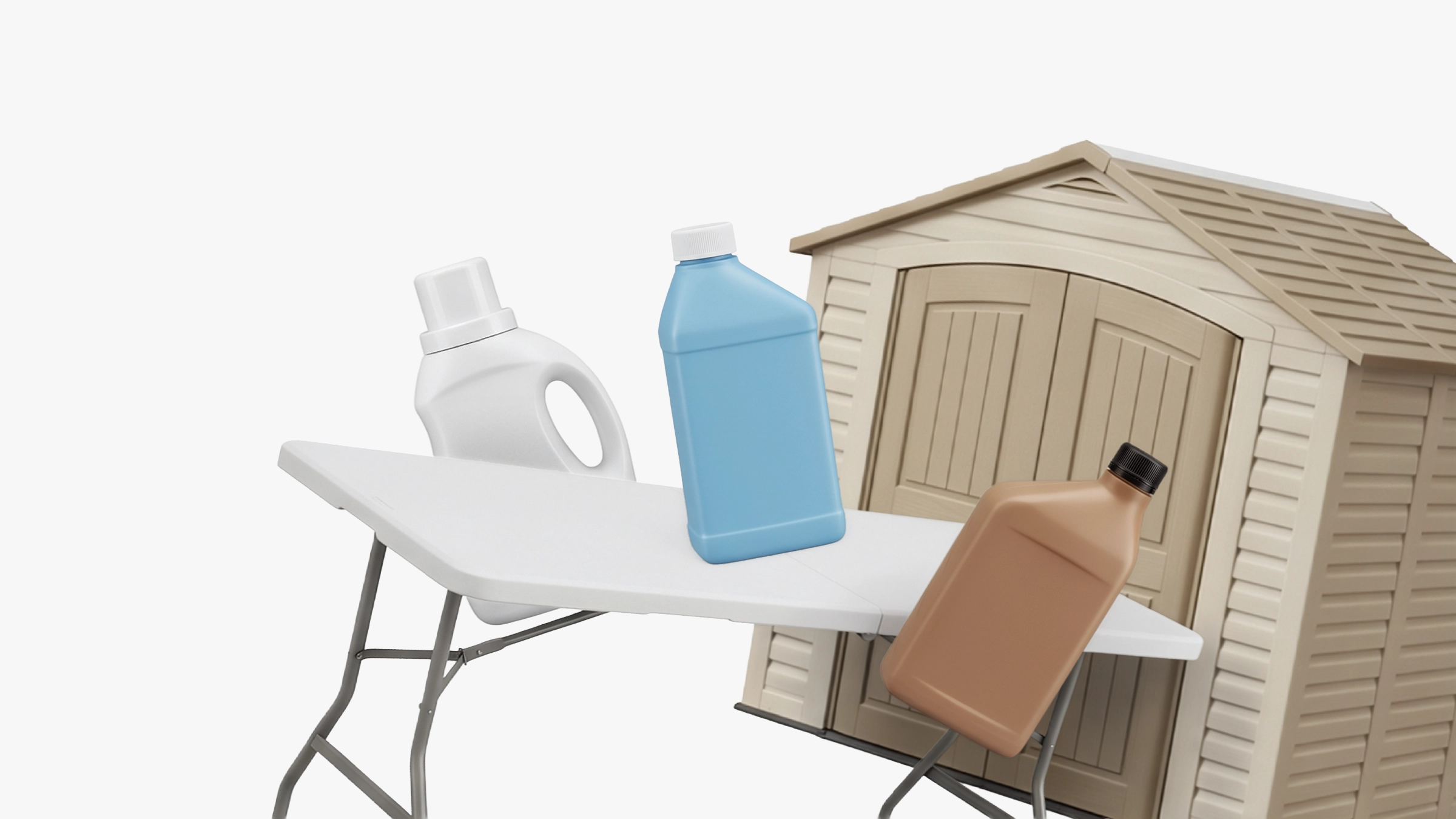 Plastic bottles on a folding table with a beige plastic storage shed in the background.