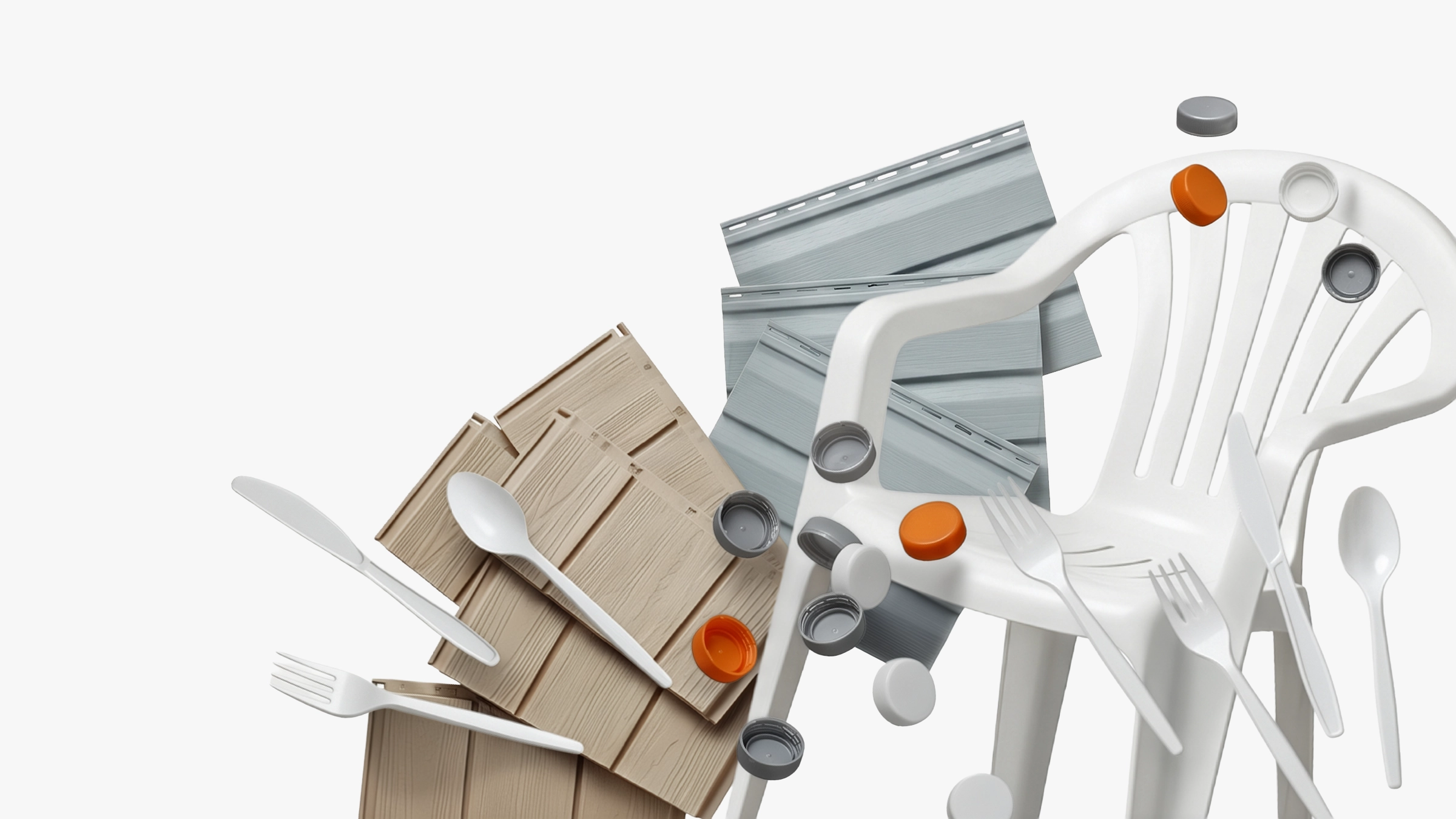 White plastic chair, cutlery, caps, and plastic panel samples on a white background.