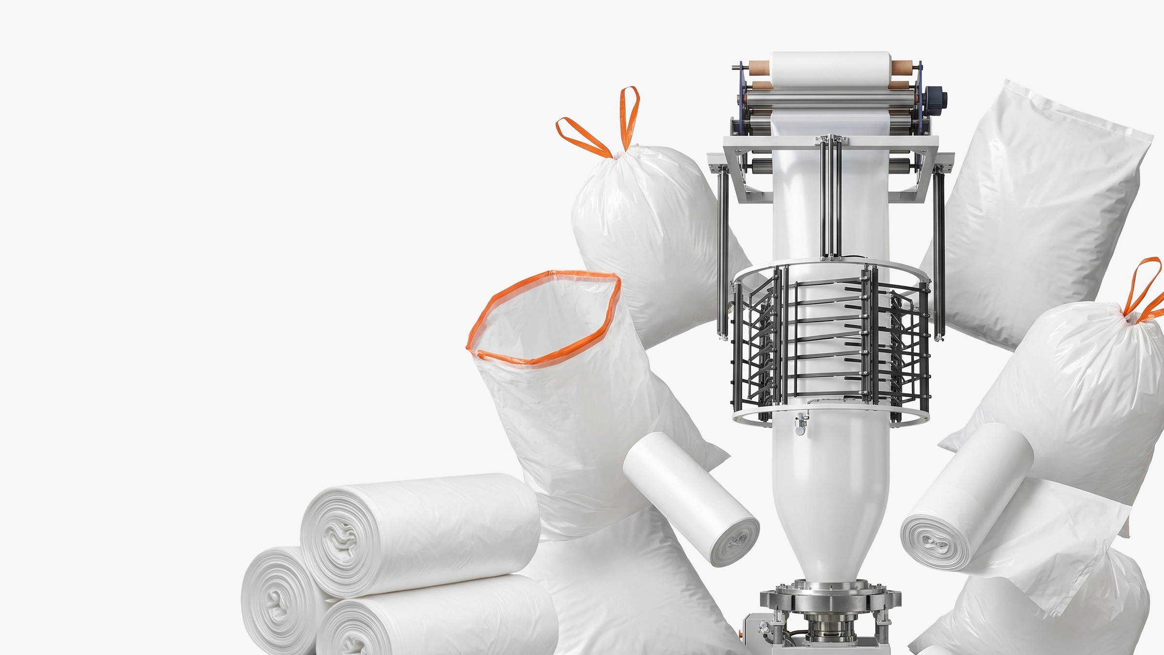 Machine producing and shaping white plastic blown film bags and rolls.