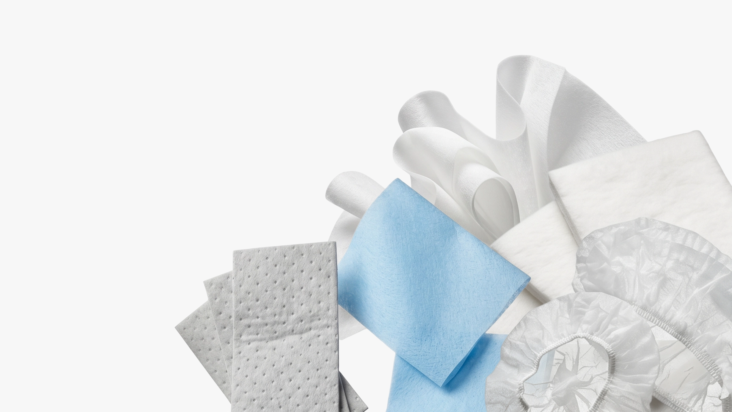 Array of white, blue, and gray nonwoven fabric samples including textured and smooth pieces.