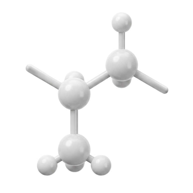 3D model of a simple molecule composed of interconnected white spheres representing atoms.