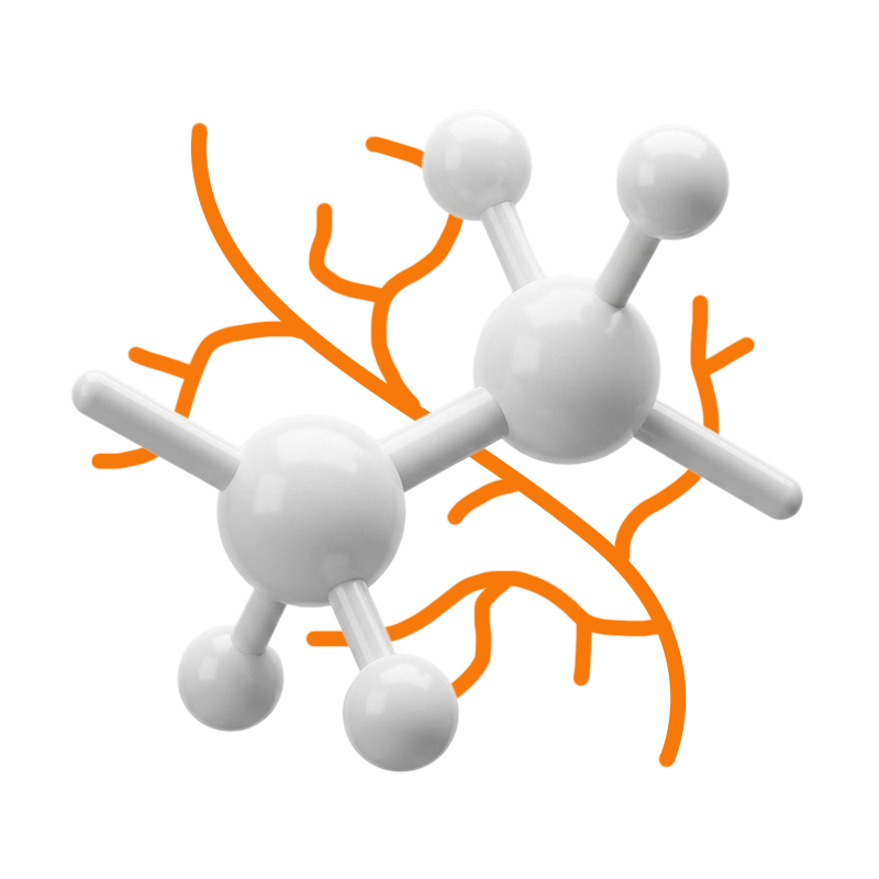 3D white molecular structure model with connected spherical atoms and cylindrical bonds over an orange line in the background representing the polymer structure.