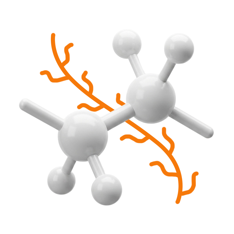3D rendering of a simple white molecular structure with connected spheres and rods over an orange branching line representing the polymer structure.