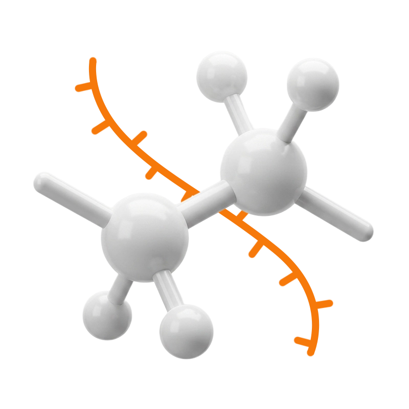 3D white molecular model with two connected spheres and an orange curved line representing the polymer structure in the background.