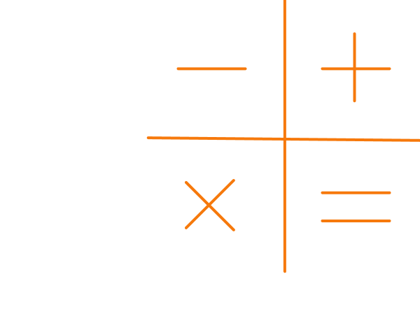 Black calculator with orange buttons for addition, subtraction, multiplication, and equals.
