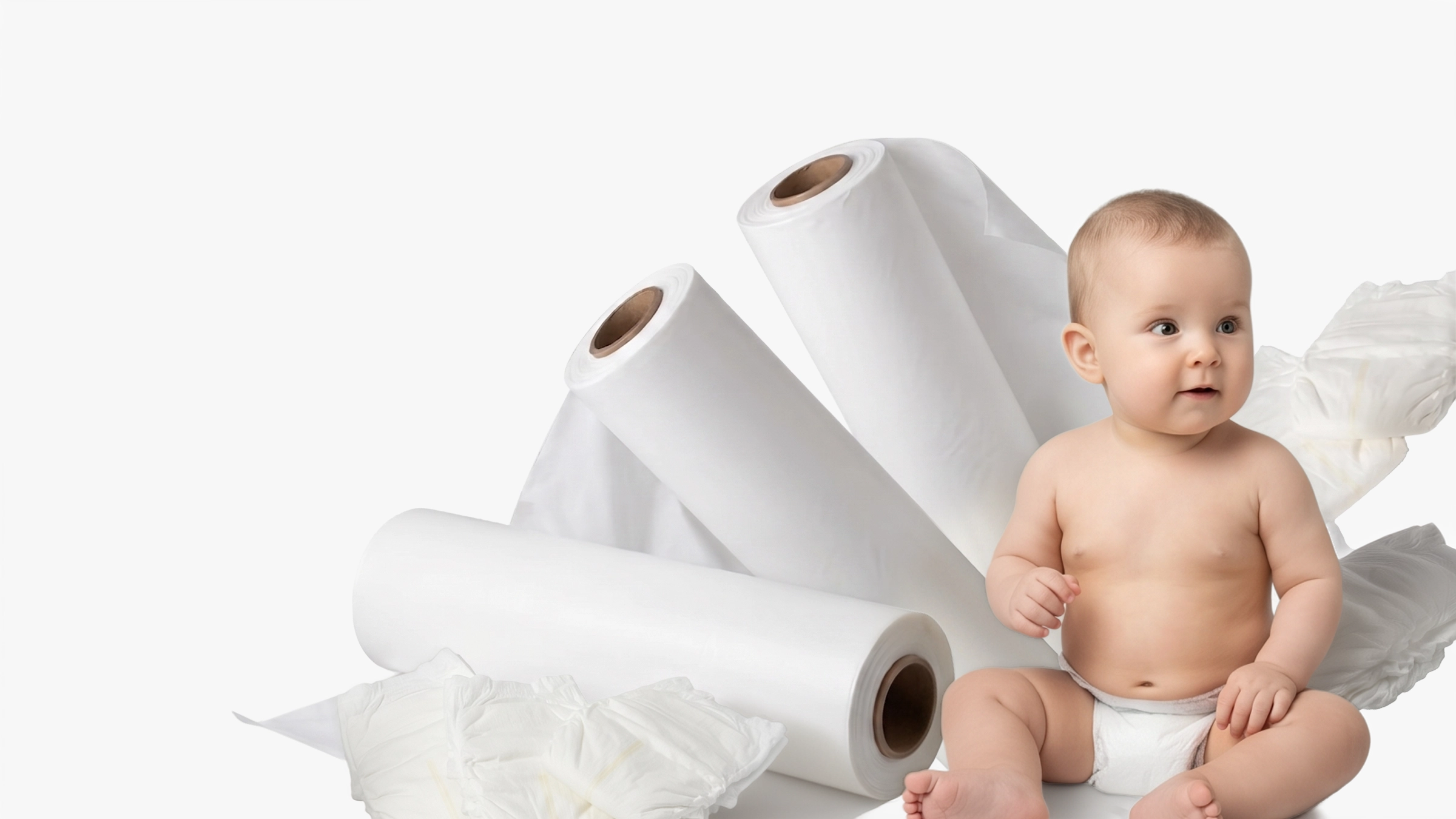 Baby wearing a diaper sitting near large plastic diaper film rolls and disposable diapers.