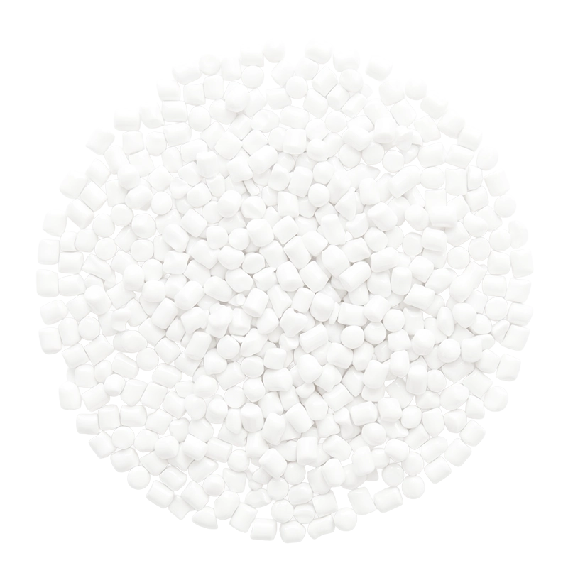 Pile of small, white, cylindrical plastic pellets.