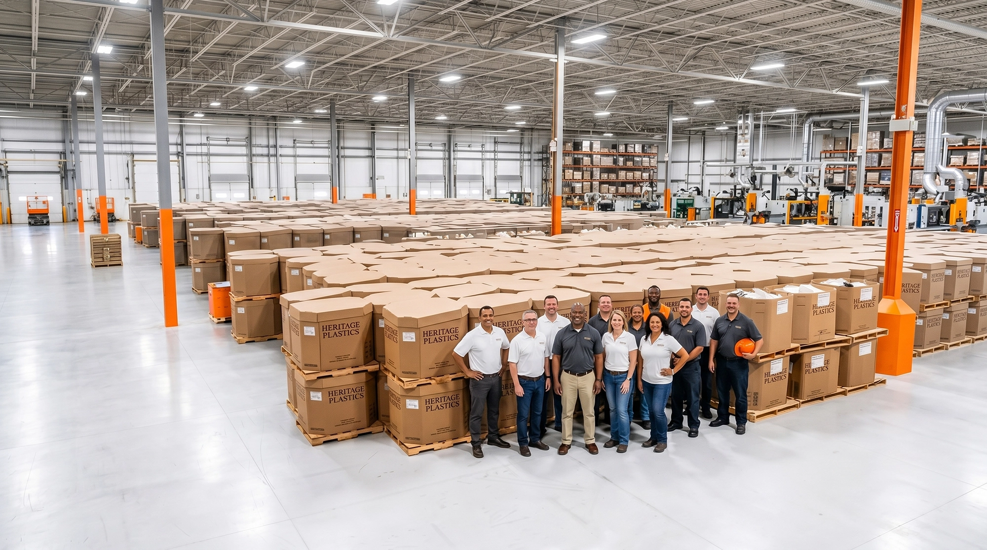 Group of factory workers standing in front of many large stacked containers labeled Heritage Plastics.