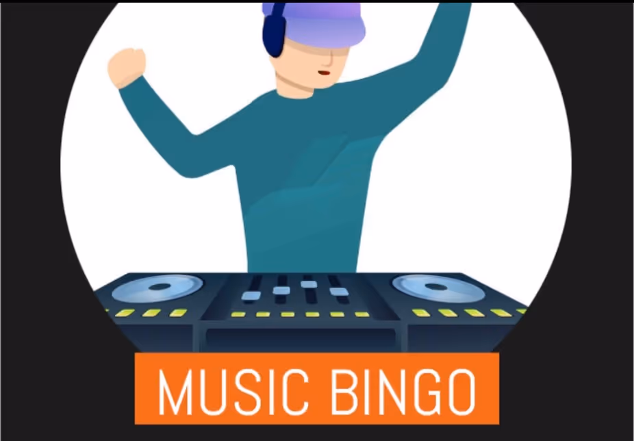 Illustration of a DJ wearing headphones and a purple cap, standing behind a mixing console with the text 'MUSIC BINGO' below.