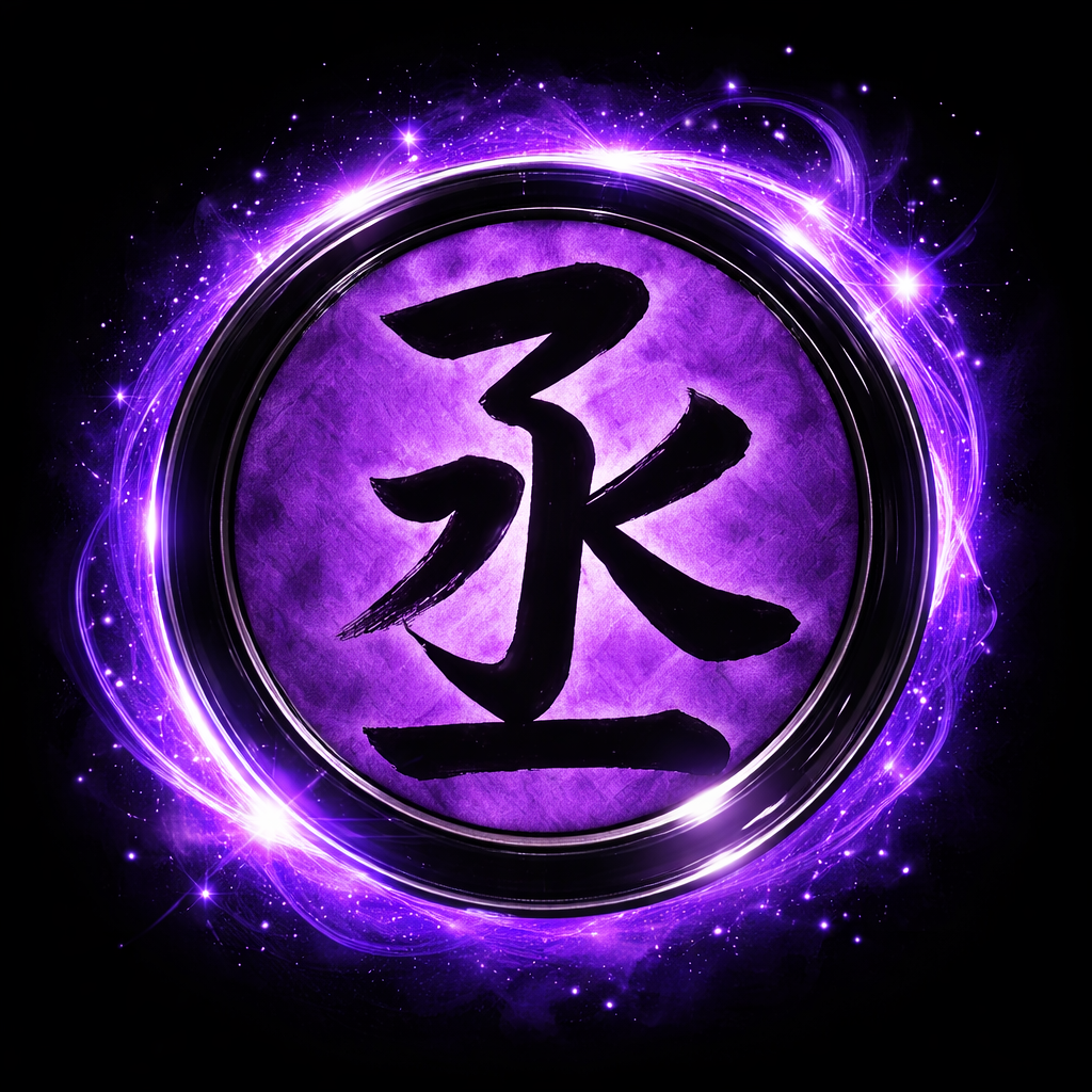 A purple neon circle with a Japanese kanji in the center that says Ohno Jo 