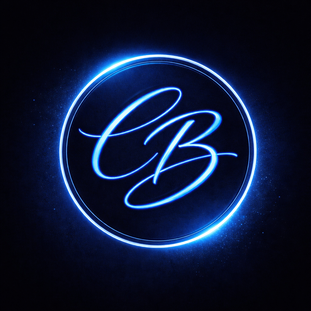 A blue neon circle with CB in the center