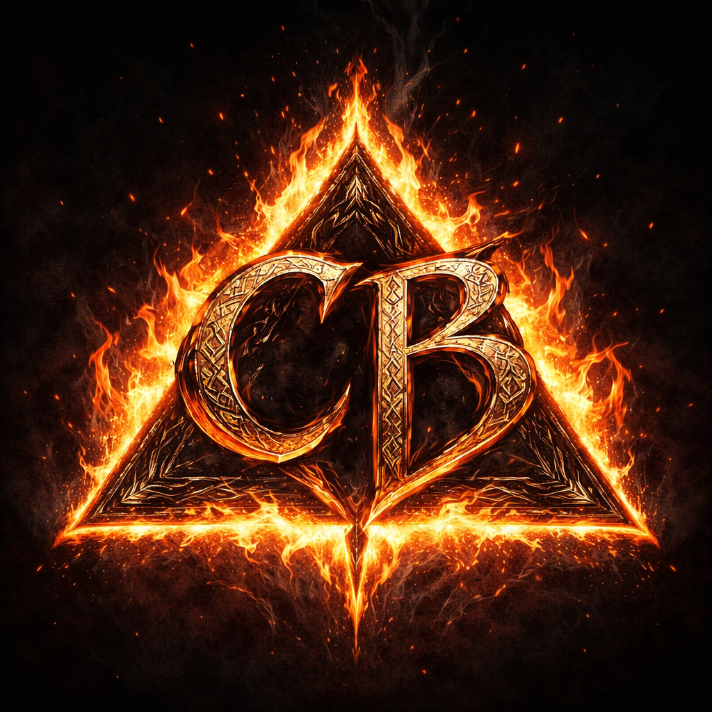 A firey triangle with the letters CB in the center