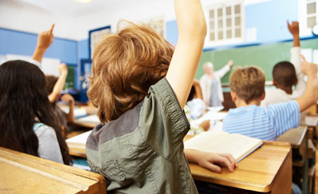 students raising hands in class