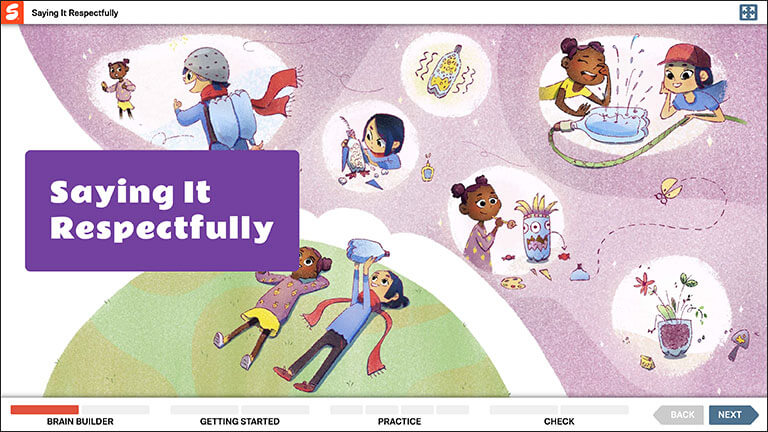 Illustration of children engaging in creative activities like painting, pouring water, and crafting, with text saying 'Saying It Respectfully'.