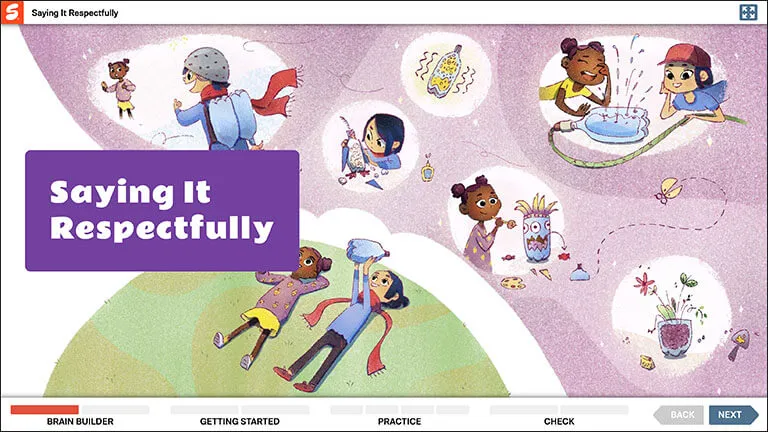 Illustration of children engaging in creative activities like painting, pouring water, and crafting, with text saying 'Saying It Respectfully'.