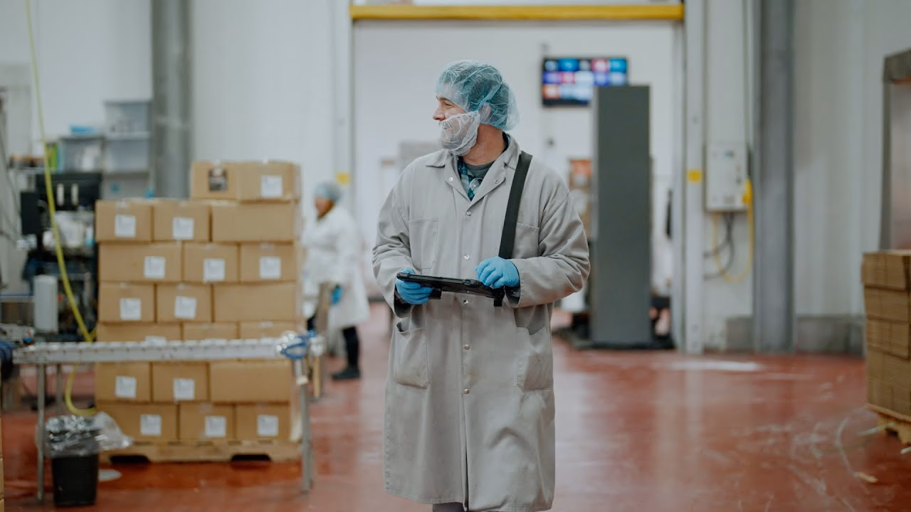 Factory worker in protective clothing holding a tablet while walking through a production facility with stacked boxes.