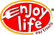 Logo with a red oval, white text 'enjoy life' and a fork symbol; tagline 'eat freely' below.